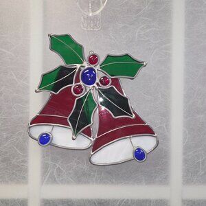 Stained Glass Christmas Bells Holly Sun Catcher 6" Window Ornament Metal Heavy H